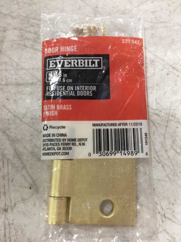 Photo 1 of EVERBILT DOOR HINGE 237 042. SATIN BRASS. 3 INCH. LOT OF 2.