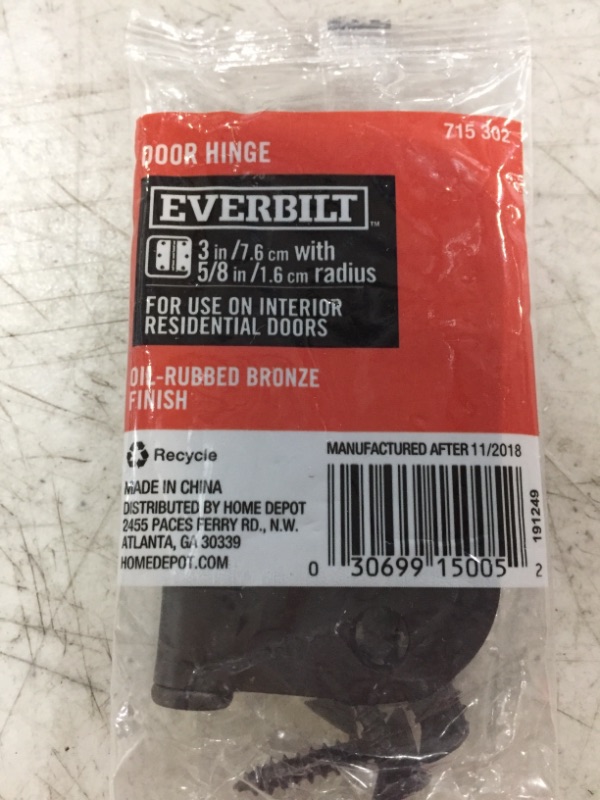 Photo 1 of EVERBILT DOOR HINGE 715 302. OIL-RUBBED BRONZE FINISH. 3 INCH. LOT OF 4.