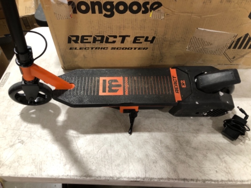 Photo 3 of Mongoose React Electric Kids Scooter, Boys & Girls Ages 8+, Max Rider Weight Up To 175lbs, Varying Max Speed, Aluminum Handlebars and Frame, Rear Foot Brake, Battery and Charger Included
PRIOR USE. POWERS ON.