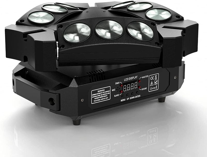 Photo 1 of Spider Moving Head Lights, U`King DJ Lights 9 LEDs Heads X 10W RGB Stage Lighs 12/19 Channels DMX-512 and Sound Activated Great for Wedding Disco Dj Party Light. OPEN BOX.
