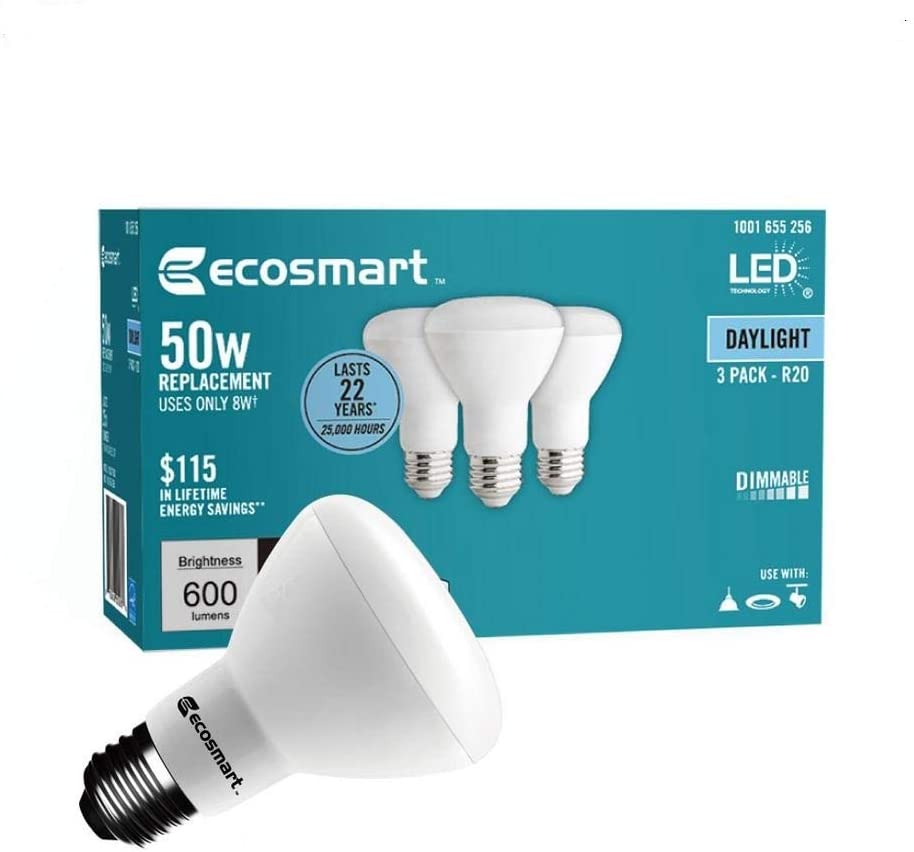 Photo 1 of (3-Pack) EcoSmart R20 Daylight LED, Dimmable, 600-Lumen, 5000K, 8-Watt (50-Watt Equivalent) Light Bulb, E26 Medium Base
