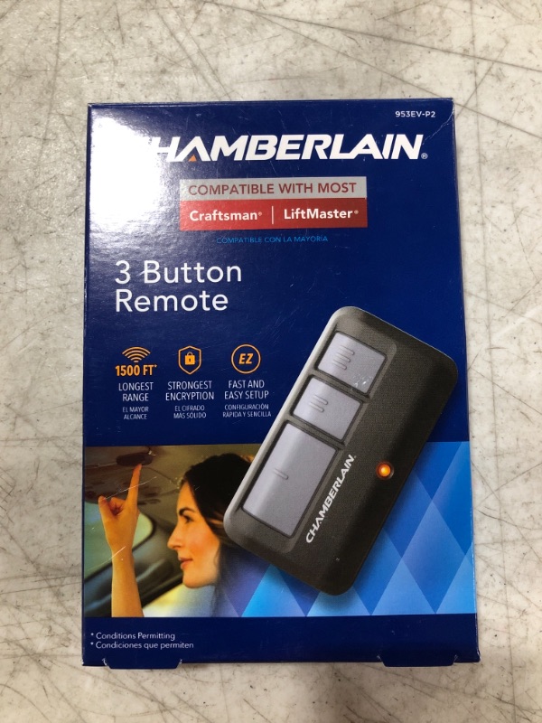 Photo 2 of Chamberlain Group G953EV-P2 Chamberlain/LiftMaster/Craftsman 953EV-P2 3-Button, Security +2.0 Compatible, Includes Visor Clip Garage Door Opener Remote , Black , Small
