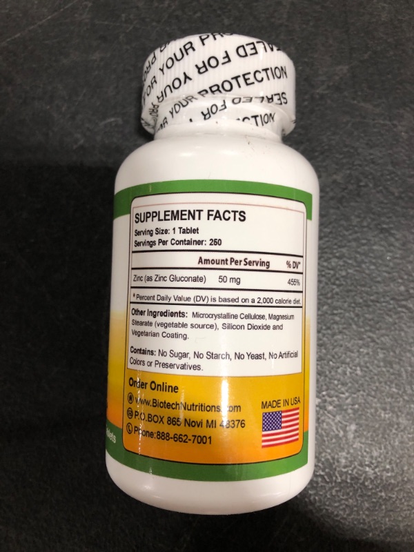 Photo 3 of Biotech Nutritions Zinc Gluconate 50 mg 250 Tablets Made in USA Vegetarian/Vegan Zinc Gluconate
BEST BY 02/2024.