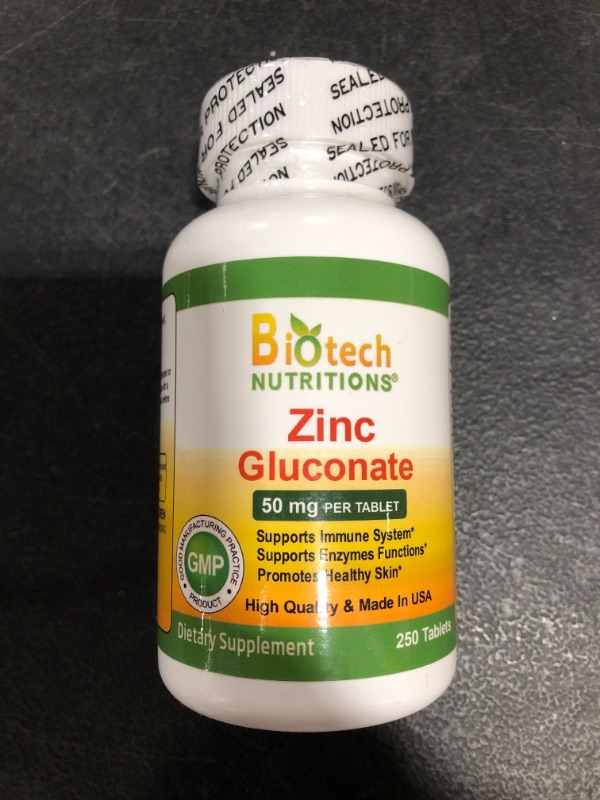 Photo 2 of Biotech Nutritions Zinc Gluconate 50 mg 250 Tablets Made in USA Vegetarian/Vegan Zinc Gluconate
BEST BY 02/2024.