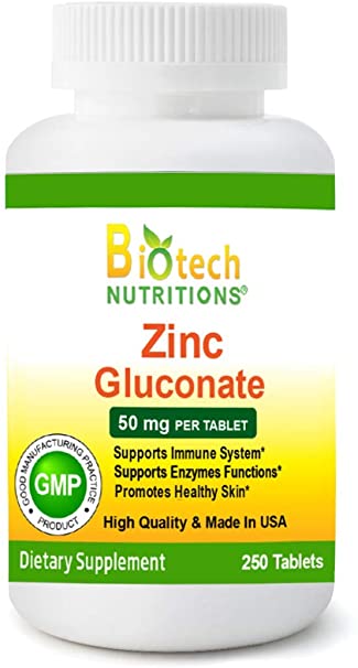 Photo 1 of Biotech Nutritions Zinc Gluconate 50 mg 250 Tablets Made in USA Vegetarian/Vegan Zinc Gluconate
BEST BY 02/2024.