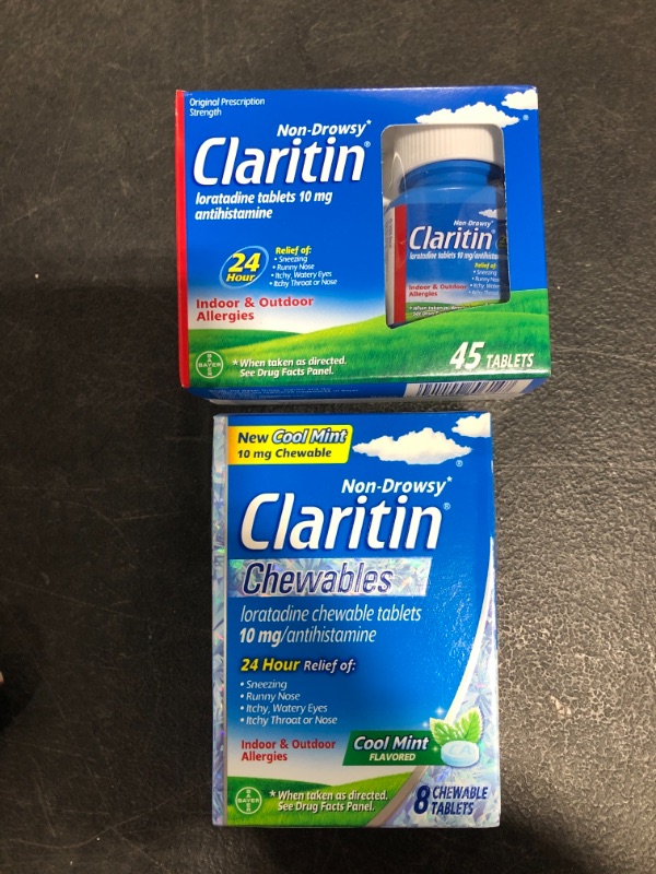 Photo 2 of Claritin 24 Hour Allergy Medicine, Non-Drowsy Prescription Strength Allergy Relief, Loratadine Antihistamine Tablets and Chewable Tablets Cool Mint Flavor, White, 8 Bundle (Pack of 2 Items), 45 Count
