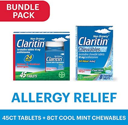 Photo 1 of Claritin 24 Hour Allergy Medicine, Non-Drowsy Prescription Strength Allergy Relief, Loratadine Antihistamine Tablets and Chewable Tablets Cool Mint Flavor, White, 8 Bundle (Pack of 2 Items), 45 Count
