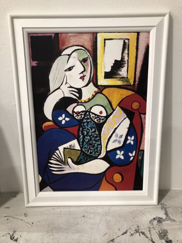 Photo 1 of Pablo Picasso Woman With Book Print Style MultiColored Artwork Approx H 47 x W 35 Inches Framed in White