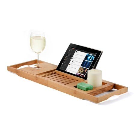 Photo 1 of Bambusi Bamboo Bathtub Tray with Extending Sides, Reading Rack, Tablet Holder, Cellphone Tray & Integrated Wine Glass Holder.
