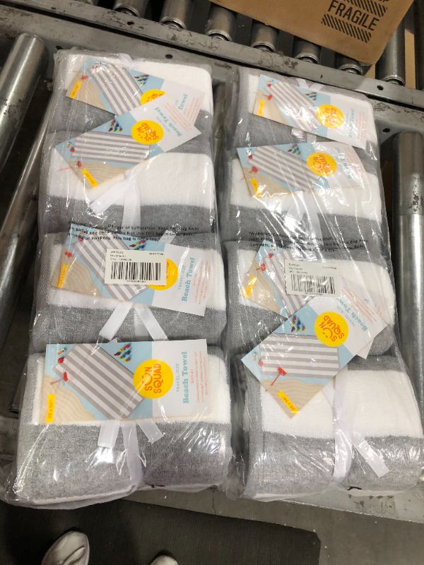 Photo 1 of 4 PACK OF Target Sun Squad Cabana White Gray Striped Travel Size Beach Towel 28" X 58" 
 8 IN TOTAL 
