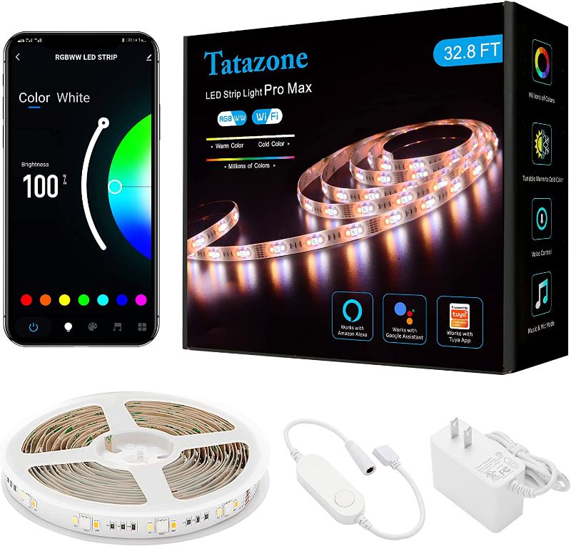 Photo 1 of Tatazone RGBWW Smart LED Strip Lights, 32.8FT Tunable White 3000K-6500K+RGB WiFi Led Light Strips Work with Alexa and Google, Music Sync Color Changing LED Lights.