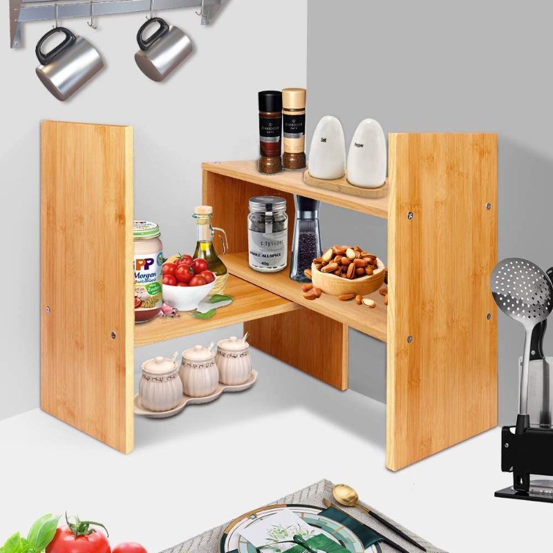 Photo 1 of Adjustable Natural Wood Desktop Bookshelf Bamboo Desk Storage Organizer Display Shelf Rack, Counter Top Bookcase