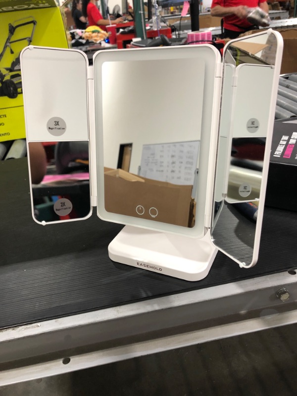 Photo 1 of EASEHOLD Lighted Makeup Mirror, 1X/2X/3X/10X Magnifying Mirror with Lights, 3-Color Light Trifold Vanity Mirror, 60 LED, Adjustable Brightness, Dual Power Supply, for Tabletop, Bathroom, White
