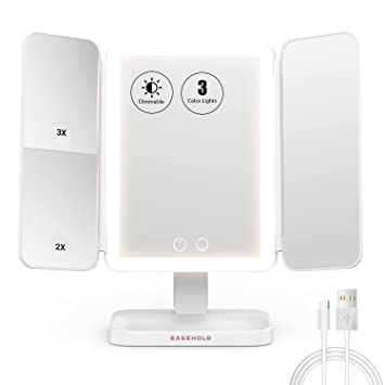 Photo 1 of EASEHOLD Lighted Makeup Mirror, 1X/2X/3X/10X Magnifying Mirror with Lights, 3-Color Light Trifold Vanity Mirror, 60 LED, Adjustable Brightness, Dual Power Supply, for Tabletop, Bathroom, White
