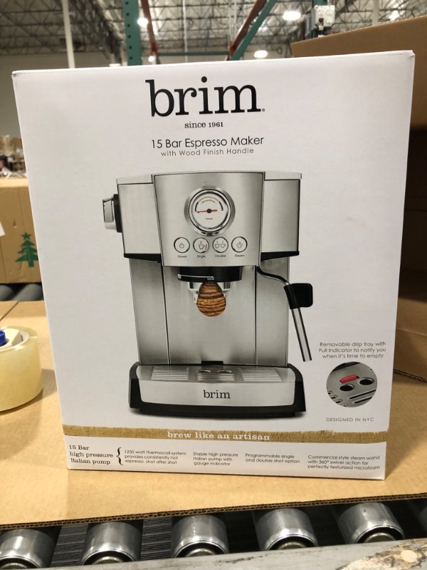 Photo 3 of brim 15 Bar Espresso Machine, Cappuccino, Americano, Latte and Espresso Maker, Milk Steamer and Frother, Removable Parts for Easy Cleaning, Stainless Steel/Wood Accents, wood finish handle (50030)
