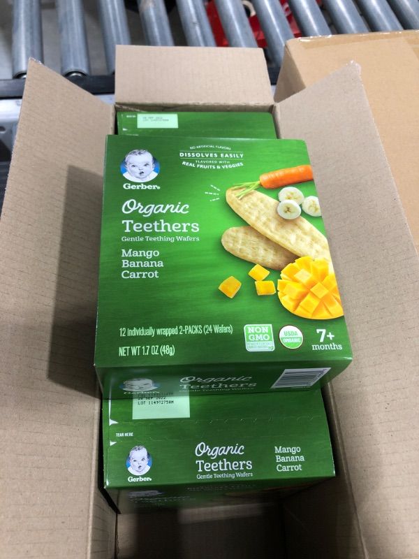 Photo 2 of Gerber Snacks for Baby Teethers, Organic Gentle Teething Wafers, Mango Banana Carrot, 1.7 Ounce (Pack of 6) **BEST BY:09/28/2022**