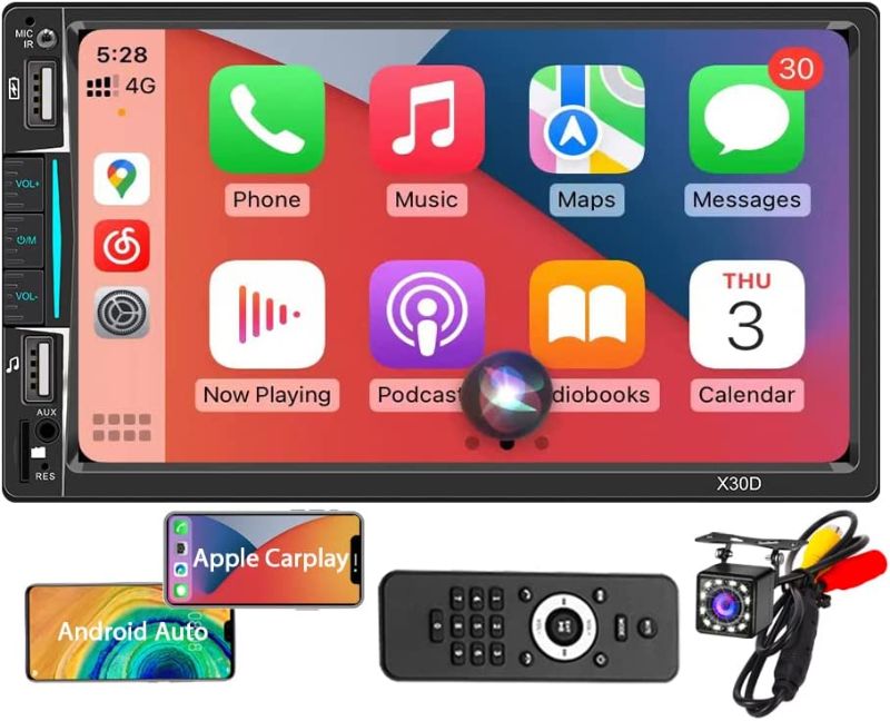 Photo 1 of Double Din Car Stereo with Apple CarPlay and Android Auto, 7 Inch Touchscreen Radio with 2 USB Ports Bluetooth 5.0 and 12LED Backup Camera, Phone Mirror-Link Multimedia Car Audio Receiver
