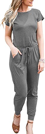 Photo 1 of DouBCQ Womens Casual Short Sleeve Jumpsuits Elastic Waist Jumpsuit with Pockets
