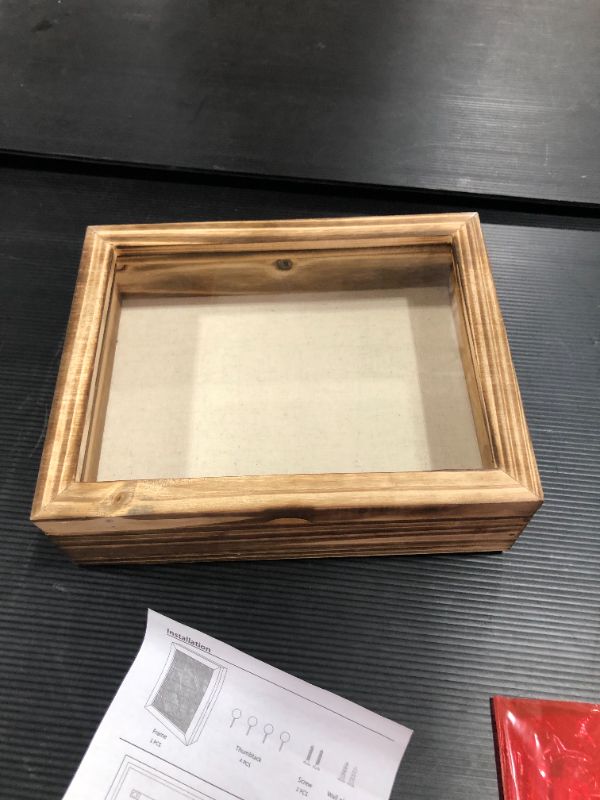 Photo 2 of BECTSBEFF 6x8 Shadow Box Frame 5x7 Display Area with Glass, Small Shadow Box Frame with Hinge and Magnetic Door for Shells Taxidermy Keepsake Photos Tickets Coins-Walnut
