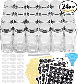 Photo 1 of AOZITA 24 Pcs Glass Spice Jars / Bottles with Spice Labels - 4oz Empty Square Spice Containers, Condiment Pot - Shaker Lids and Airtight Metal Caps - Silicone Collapsible Funnel Included
