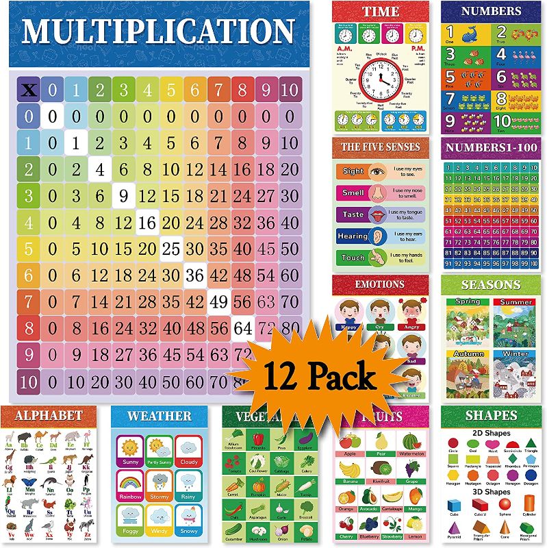 Photo 1 of Preschool Poster for Toddler and Kid with Glue Point Dot for Nursery Homeschool Kindergarten Classroom-Teach ABC Poster,Numbers,Time,Shapes and More 16 x 11 Inch (12 Pieces)