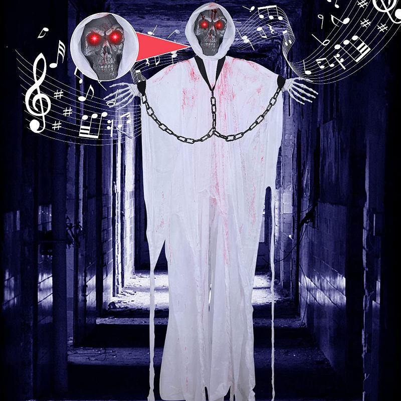 Photo 1 of 5FT Halloween Hanging Ghost Decorations,Halloween Ghost with LED Glowing Eyes and Scary Sound, Grim Reaper with Bendable Arms Perfect for Halloween Party, Outdoor/Indoor, Lawn Decorations