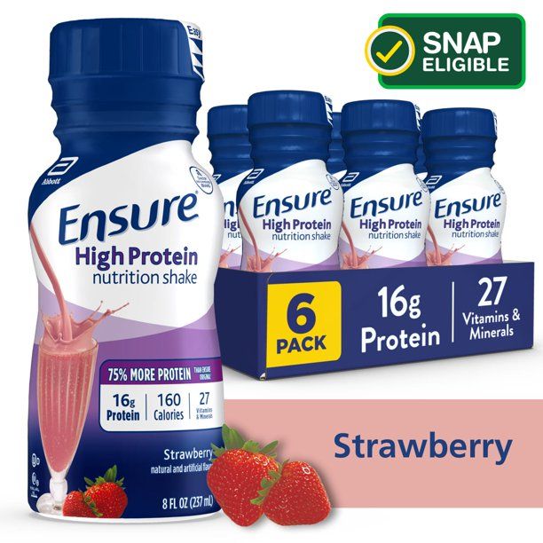 Photo 1 of Ensure High Protein Nutrition, Meal Replacement Shakes, Low Fat, Strawberry, 8 fl oz, 6 count