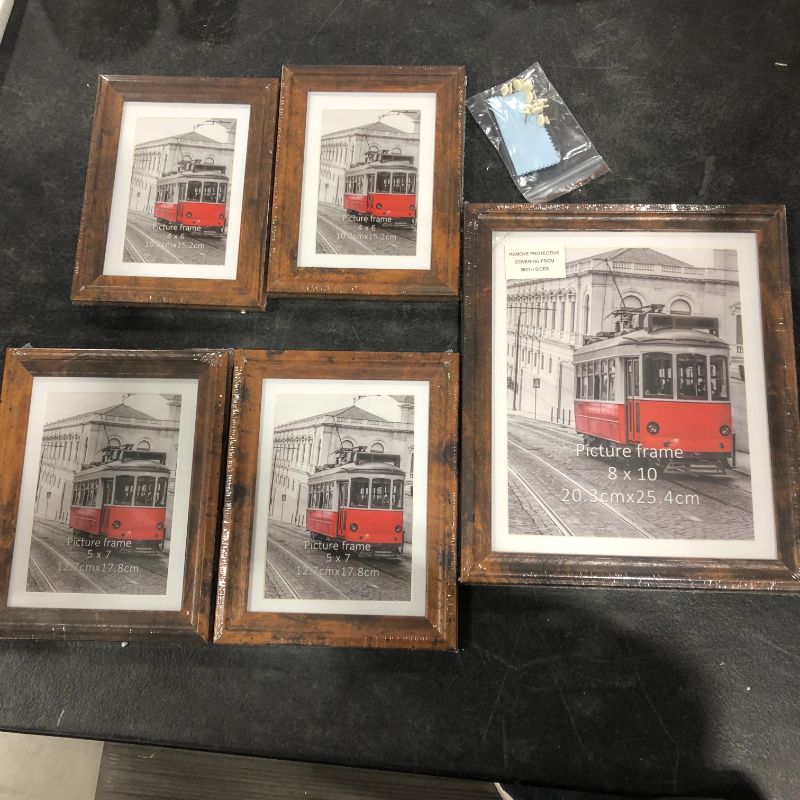 Photo 2 of Brown Picture Frame Set of One 8x10, Two 5x7, Two 4x6 Frames, Rustic Multi Size Photo Frames with Mat for Wall and Tabletop