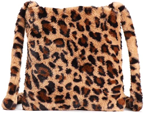 Photo 1 of Women Leopard Print Clutch Handbag Plush Faux Fur Tote Bag Soft Warm Shoulder Crossbody Purse