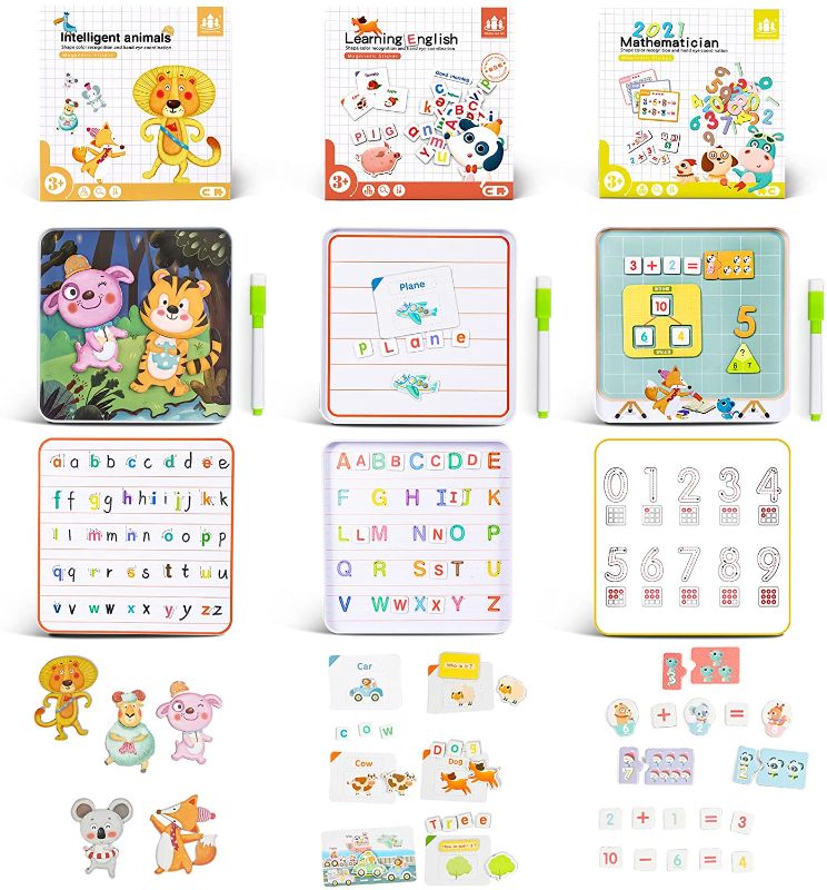 Photo 1 of Preschool Learning Activities, 10 Animals Kids Magnetic Jigsaw Puzzles, Montessori Educational Toys for Children, Matching Game for Ages 3-5, Fruits Cars Vegetables ABC Number Writing Board