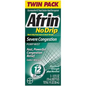 Photo 1 of Afrin No Drip Severe Congestion Pump Nasal Mist Twin Pack, Fast & Powerful Congestion Relief, 2 bottles, 0.5oz (15mL) Each