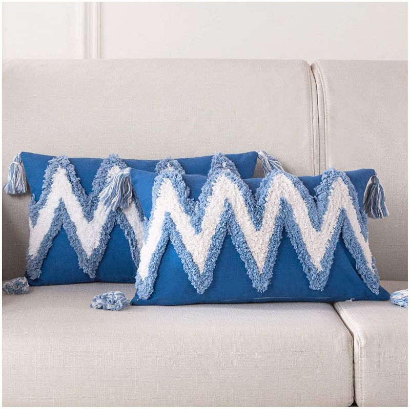 Photo 1 of 2 Pack Tufted Accent Throw Pillow Covers 12x20 inch with Tassel Navy and White Lumbar Bohemian Woven Cushion Covers Decorative for Couch, Living Room, Bedroom