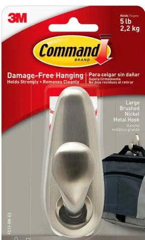 Photo 1 of 5 lb. Large Brushed Nickel Metal Hook (1 Hook, 2 Strips) Set of 2