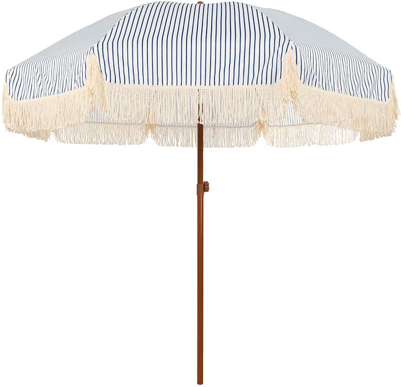 Photo 1 of AMMSUN 7ft Patio Umbrella with Fringe Outdoor Tassel Umbrella UPF50+ Wood Color Steel Pole and Steel Ribs Push Button Tilt - Navy Blue Stripes