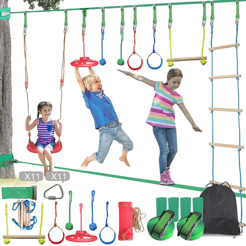Photo 1 of King Relax Ninja Warrior Obstacle Course for Kids,2X65FT Ninja Slackline with Swing,Ladder,Monkey Bars, Gym Rings, Rope Knots,Portable Training Equipment Outdoor Playset&Backyard Jungle Gym
