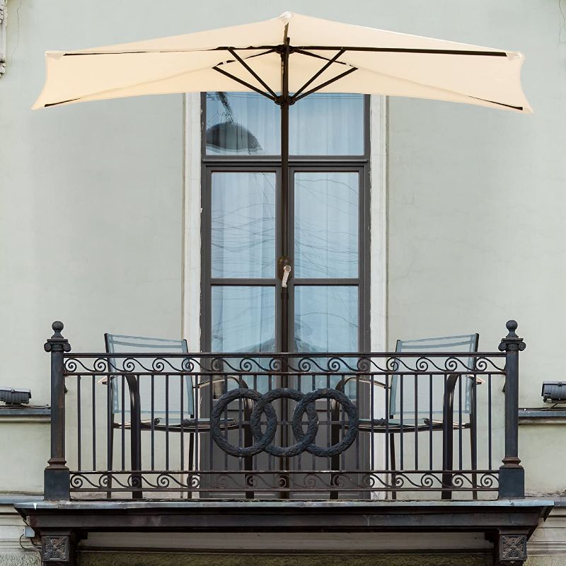 Photo 1 of 9-Foot Half Patio Umbrella – Easy Crank Opening Shade Canopy for Balconies, Porches, or Against a Wall by Pure Garden (Tan)
