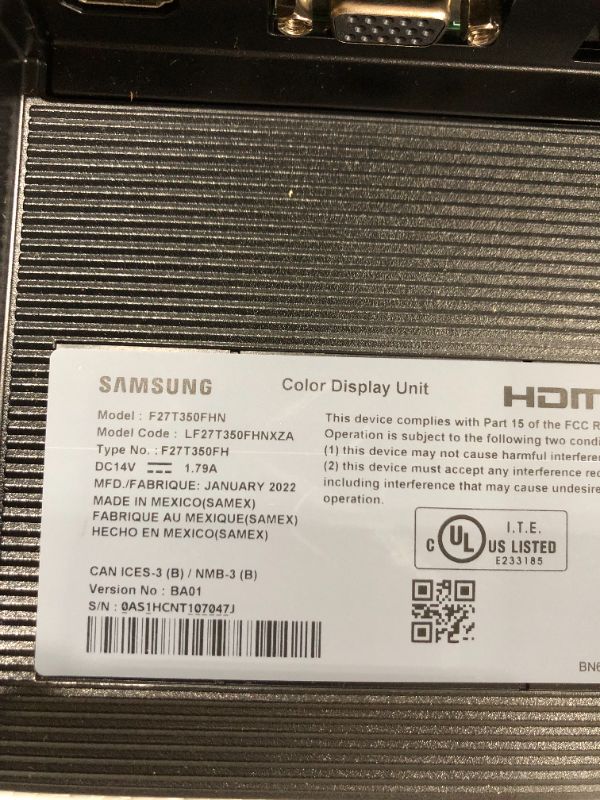 Photo 3 of ONLY FOR PARTS!!!!!!!!!!!!!!SAMSUNG T350 Series 27-Inch FHD 1080p Computer Monitor, 75Hz, IPS Panel, HDMI, VGA (D-Sub), 3-Sided Border-Less, 
