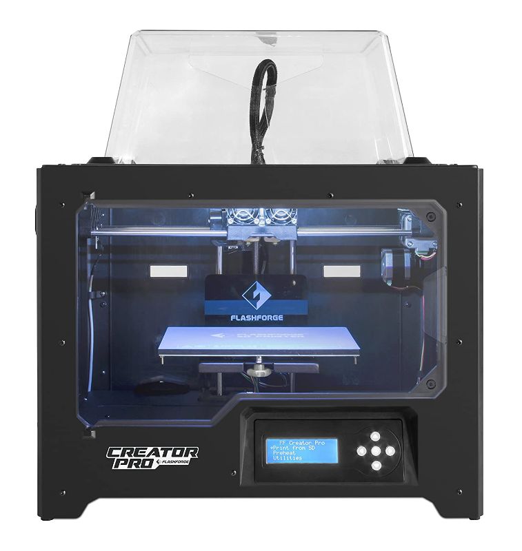 Photo 1 of FlashForge 3D Printer Creator Pro, Metal Frame Structure, Acrylic Covers, Optimized Build Platform, Dual Extruder W/2 Spools, Works with ABS and PLA
