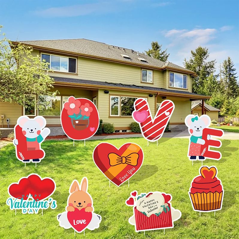 Photo 1 of 2 Packs of Valentine's Day Decorations Outdoor 9PCS Large Valentines Yard Signs with Stakes, Heart Shape Cake Gift Box Letters Pattern Lawn Garden Yard Corrugate Sign for Valentines Gifts Wedding Date Home Decor
