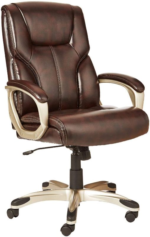 Photo 1 of Amazon Basics Executive Home Office Desk Chair with Padded Armrests, Adjustable-Height/Tilt Rolling Swivel Chair - Brown/Gold, 275Lb Capacity
