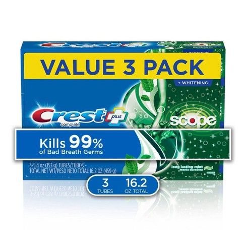 Photo 1 of Crest + Scope Outlast Complete Whitening Toothpaste Mint Value Pack - 3ct - 16.2oz *EXP: JUN/2022*

