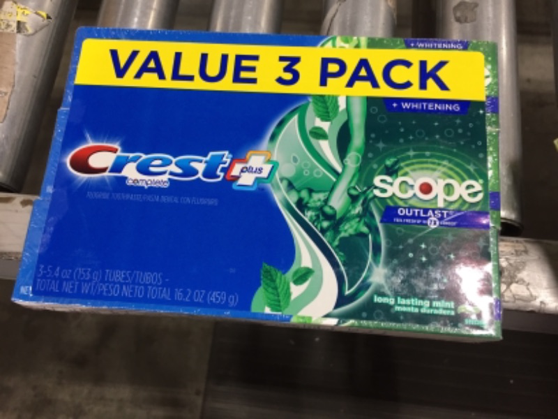Photo 2 of Crest + Scope Outlast Complete Whitening Toothpaste Mint Value Pack - 3ct - 16.2oz *EXP: JUN/2022*

