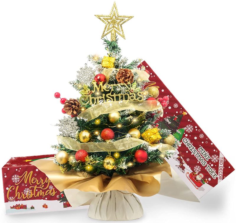 Photo 1 of 20'/50cm Mini Christmas Tree,Artificial Snow Flocked Small Christmas Tree with Led Lights/Ornaments, Tabletop Christmas Tree for Kids Christmas Decoration Gifts (Red&Gold)
