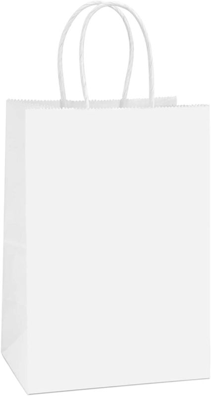 Photo 1 of BagDream Kraft Paper Bags 100PPCS 5.25x3.75x8 Inches Small Paper Gift Bags White Paper Bags with Handles Paper Shopping Bags Party Bags 100% Recyclable Kraft Bags
