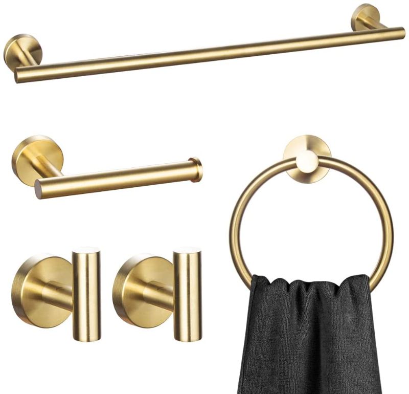 Photo 1 of 5-Piece Bathroom Hardware Set Brushed Gold, Lava Odoro Towel Rack Set Stainless Steel Wall Mounted - Include 23.6 in Bath Towel Bar, 2 Robe Towel Hooks, Toilet Paper Holder and Towel Ring
