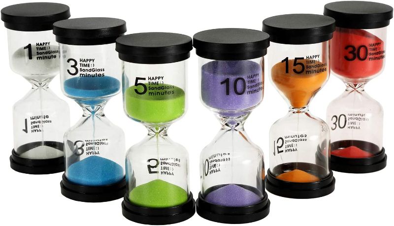 Photo 1 of Bekith 6 Pack Sand Timer, Colorful Hourglass Timer 1 min/3 mins/5 mins/10 mins/15 mins/30 mins Sandglass Timer for Kids Games Classroom Kitchen Home
