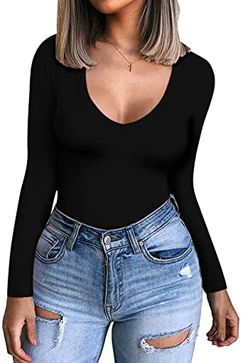 Photo 1 of CLOZOZ Womens V Neck Short Sleeve Long Sleeve Lace Fitted T-Shirt Basic Tee Tops
