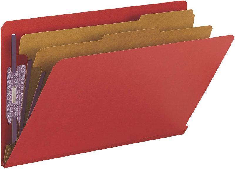 Photo 1 of Smead 100% Recycled End Tab Pressboard Classification File Folder with SafeSHIELD Fasteners, 2 Dividers, 2" Expansion, Legal Size, Bright Red, 10 per...
