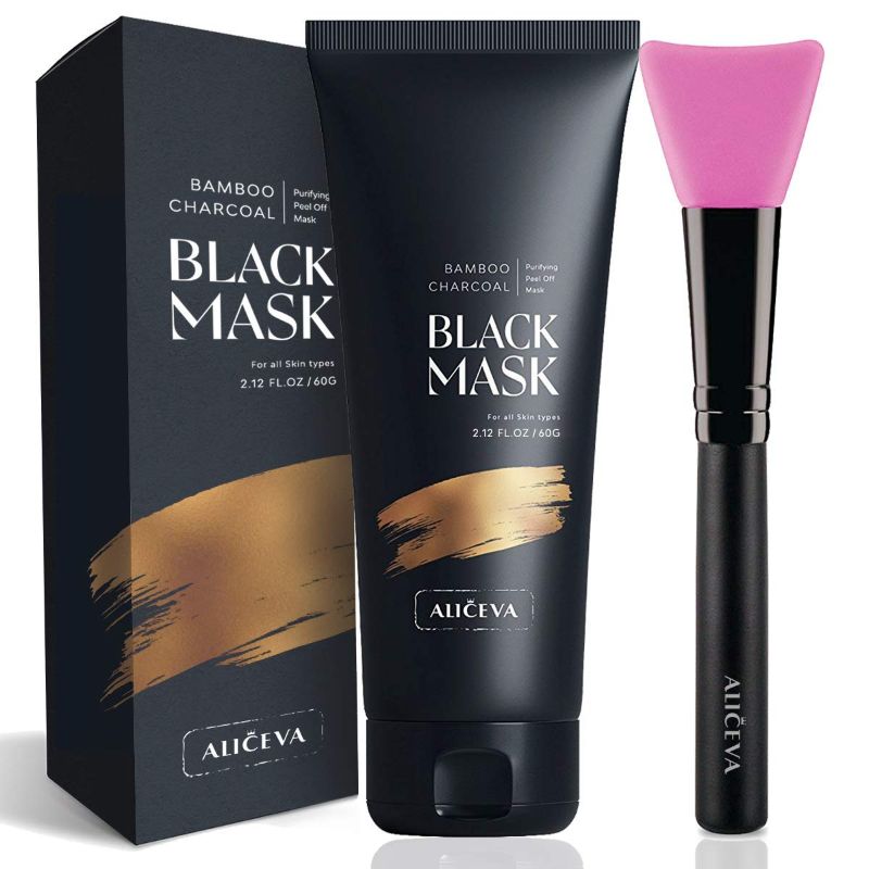 Photo 1 of Aliceva Black Mask, Blackhead Remover Mask, Charcoal Peel Off Mask, Charcoal Mask, Charcoal Face Mask for All Skin Types with Brush - 2.12 FL.OZ / 60G
