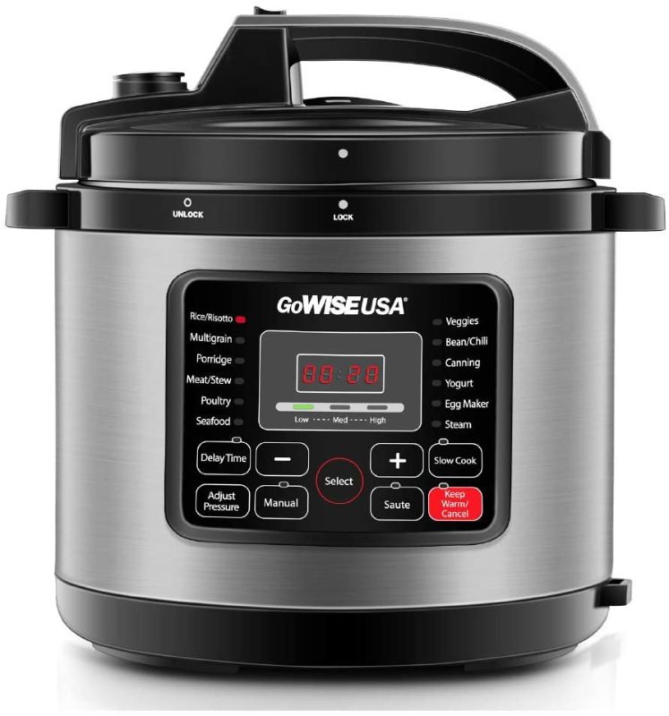 Photo 1 of GoWISE USA GW22711 6-Quart 12-in-1 Multi-Use Programmable Pressure Cooker, Slow Cook, Rice, Steamer, Saute, Yogurt Maker, and Warmer, Stainless Steel, 6-Qt
